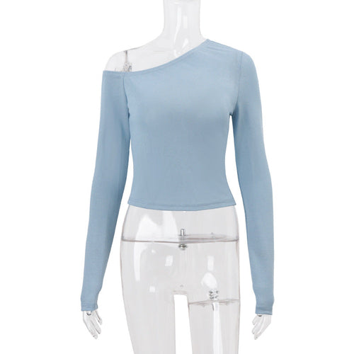 Women Clothing Autumn Sexy Solid Color Diagonal Collar Cropped Knitted