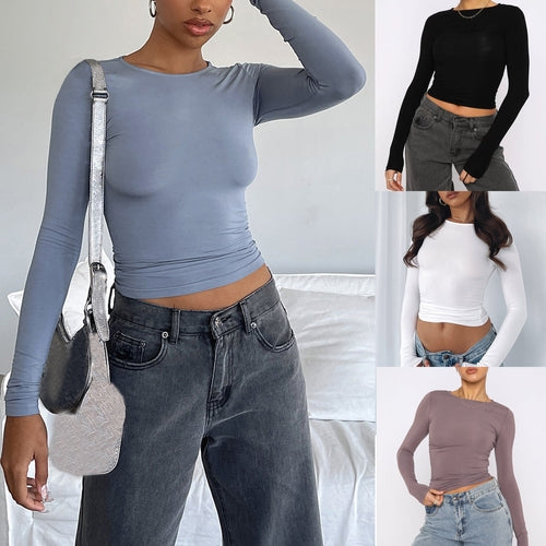 Women's Clothing Fashion Slim Long-sleeved Pullovers Tops Solid Causal