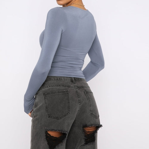 Women's Clothing Fashion Slim Long-sleeved Pullovers Tops Solid Causal