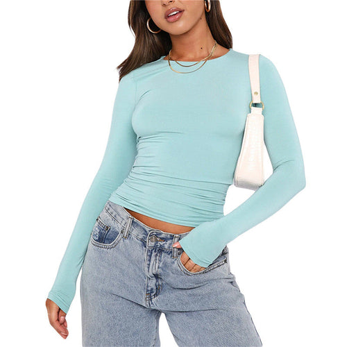 Women's Clothing Fashion Slim Long-sleeved Pullovers Tops Solid Causal