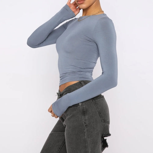 Women's Clothing Fashion Slim Long-sleeved Pullovers Tops Solid Causal