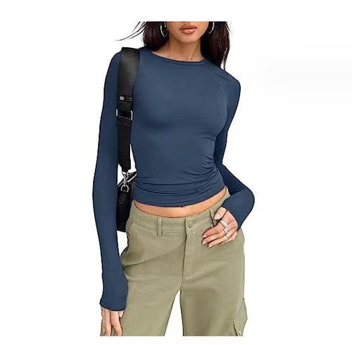 Women's Clothing Fashion Slim Long-sleeved Pullovers Tops Solid Causal