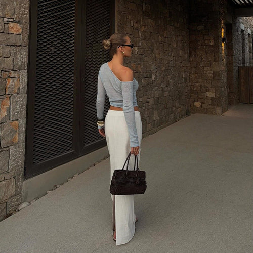 Women Clothing Autumn Sexy Solid Color Diagonal Collar Cropped Knitted