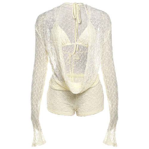 Fall Women Clothing Sexy Lace Cutout Long Sleeve Halter Spaghetti