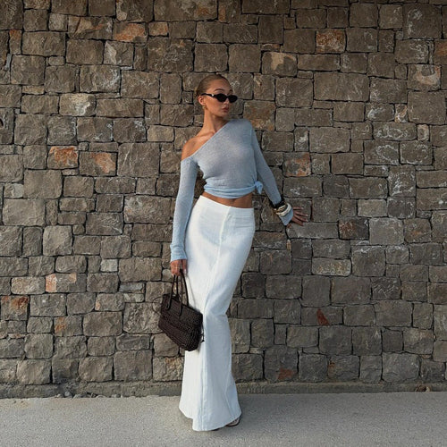 Women Clothing Autumn Sexy Solid Color Diagonal Collar Cropped Knitted